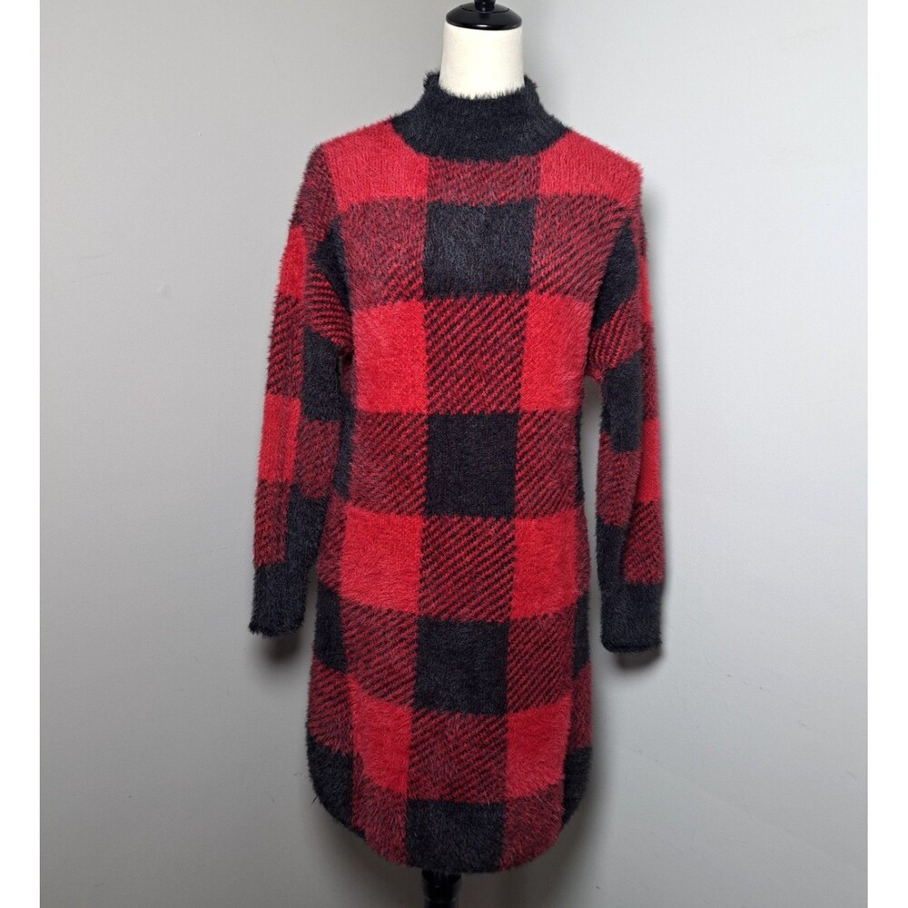 SO Sweater Dress Long Tunic Medium Red Black Buffalo Plaid Fuzzy Knit Cozy Soft